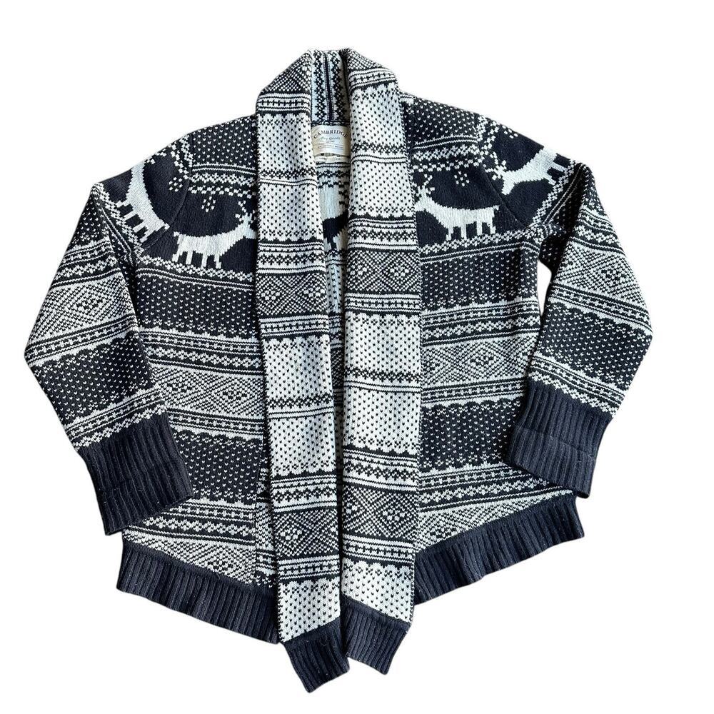 Cambridge Dry Goods Cardigan Shawl Open Front Black White Nordic Lambswool Sz L